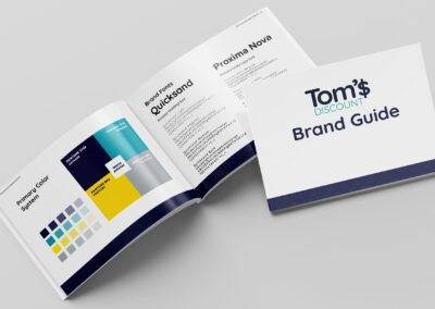 Green House Graphix + Signs developed a brand guide for Tom's Discount store located in Shwresbury, MA including a new color scheme and brand font specifications.