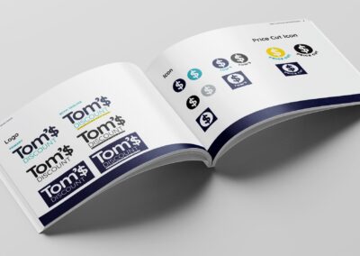 Tom's Discount store branding guide features a new logo with and without tagline everything you need as well as icons to be used on store signage to designate an item with a price cut and other purposes.
