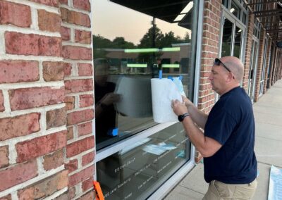 Application of white vinyl lettering on a store front in the Promenade shopping center