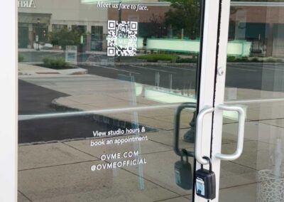 OVME Medical Spa Marlton NJ door lettering with store hours and QR code